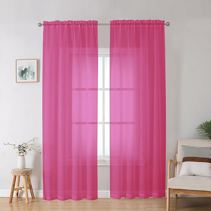 OWENIE Hot Pink Sheer Curtains for Bedroom Living Room 90 Inches Long, Elegant Solid Light Filtering Window Curtain Panles, Modern Rod Pocket Hot Pink Curtain, 2Pcs, Each 42" W x 90" L