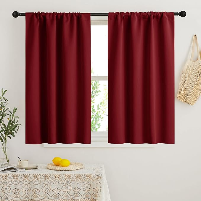 RYB HOME Short Blackout Curtains for Bedroom, Room Darkening Insulated Summer Heat Light UV Blocking Energy Saving Drapes for Nursery, Width 34 by Length 48, Burgundy Red, Set of 2