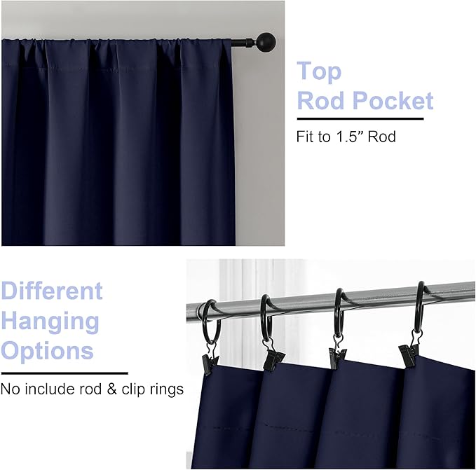 Simplebrand Ava Navy Blue Blackout Curtains for Bedroom 96 Inches Long 2 Panels, Solid Thermal Insulated, Energy Saving Living Room Window Treatment Curtains Blackout Drapes, W40 x L96 Inch, Navy Blue
