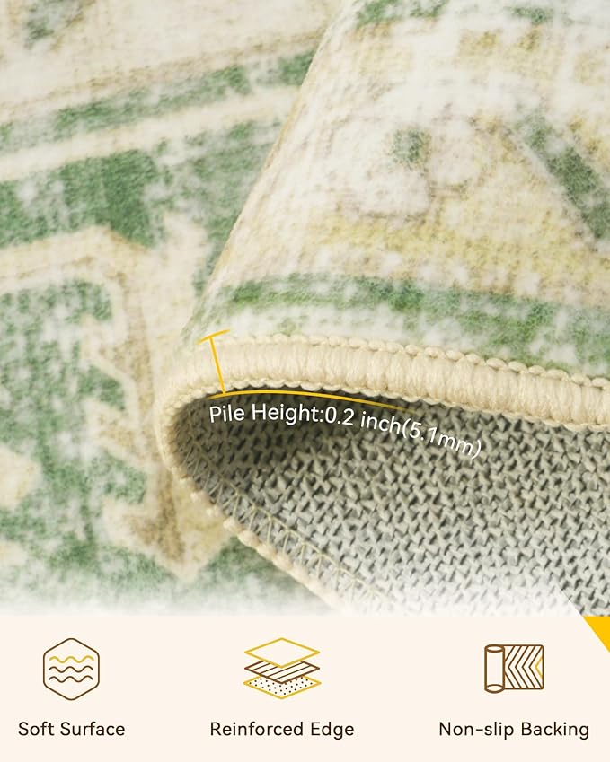 Area Rugs 3'x5' Washable Non-Slip, Floral Vintage Distress Print Pattern Medallion Carpet for Living Room Bedroom Dining Room, Sage Green Yellow