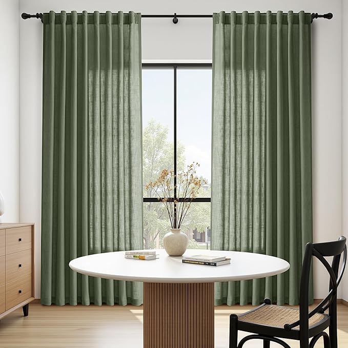 Nanspring Olive Green Linen Sheer Curtains 84 Inch Length 2 Panels for Living Room Bathroom Set Back Tab Rod Pocket Semi Sheer Light Filtering Breathability Farmhosue Country Style 60x84