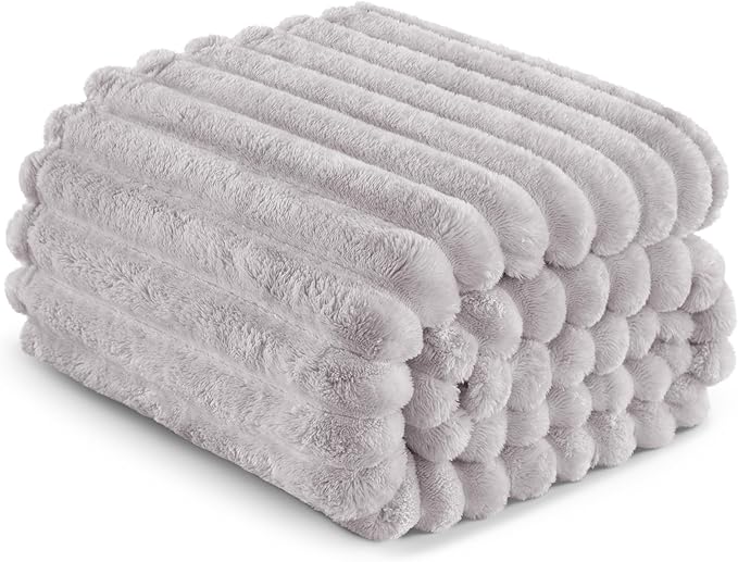 Exclusivo Mezcla Twin Size Flannel Fleece Blanket, Super Soft Striped Jacquard Bed Blanket, Lightweight Fuzzy Cozy for All Seasons, 60x80 Inches, Light Grey