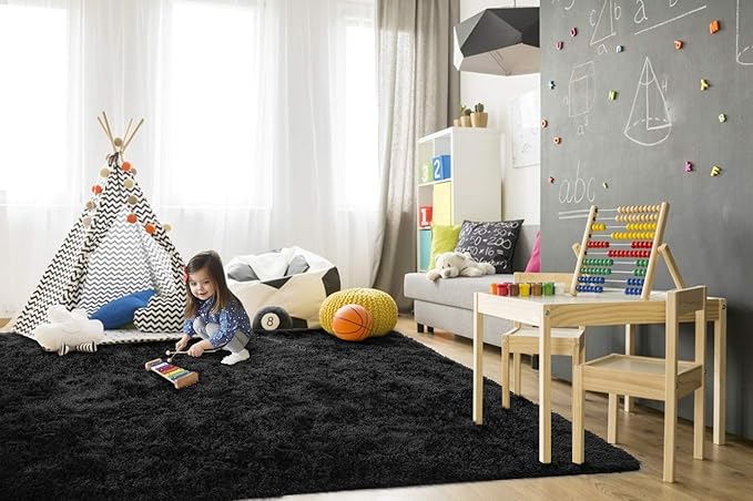 TWINNIS Super Soft Shaggy Rugs Fluffy Carpets, 8x10 Feet, Indoor Modern Plush Area Rugs for Living Room Bedroom Kids Room Nursery Home Decor, Upgrade Anti-Skid Rectangular Fuzzy Rug, Black