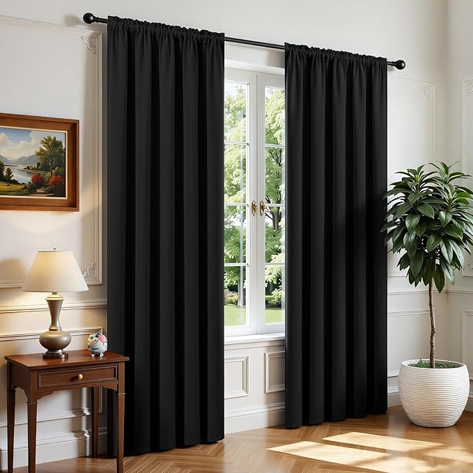 CUCRAF Black Blackout Curtains 72 inch Length 2 Panels Set, Rod Pocket Room Darkening Drapes for Bedroom Living Room, Insulated Thermal Light Blocking Window Curtain (W52 x L72 Inch)