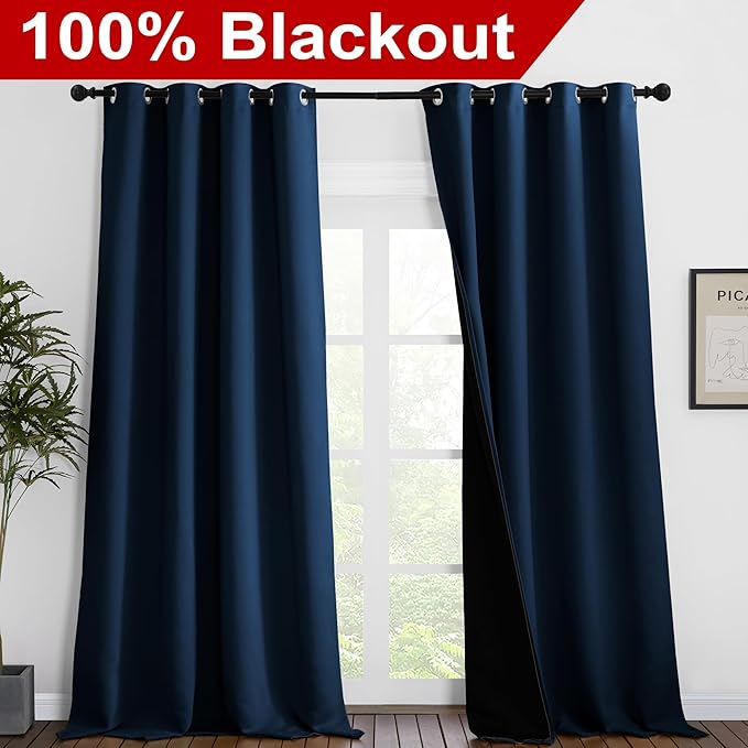 NICETOWN 100% Blackout Blinds, Laundry Room Decor Window Treatment Curtains for Large Patio Sliding Door, Thermal Insulated Moroccan Blue Curtains for Bedroom, Set of 2, 52 inches x 108 inches