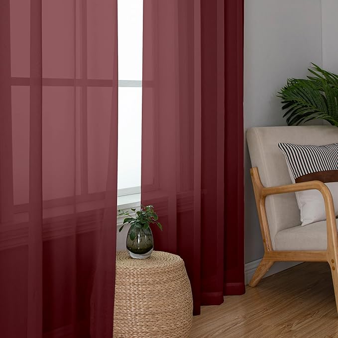 Chyhomenyc Burgundy Sheer Curtains 78 Inches Long 2 Panels Set for Living Room, Light Filtering Voile Lightweight Bedroom Curtains, Rod Pocket Solid Window Treatment Drapes, Each 42W x 78L