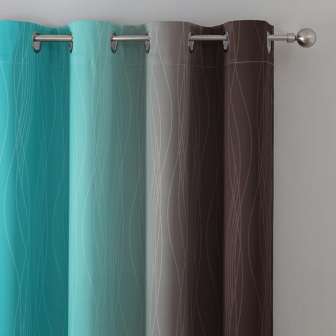 Estelar Textiler Teal and Brown Ombre Blackout Curtains 72 Inches Length for Bedroom, Thermal Insulated Full Light Blocking Grommet Gradient Blackout Drapes for Living Room, 52Wx72L, 2 Panels