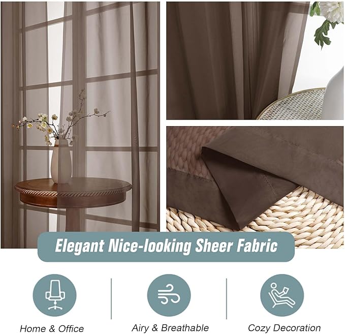 Chocolate Sheer Curtains 63 Inch Length 2 Panels, Voile Sheer Curtain for Living Room, Breathable Light Filtering Modern Window Treatments, Soft Fabric Dual Rod Pocket Drapes, 2x42Wx63L Inches