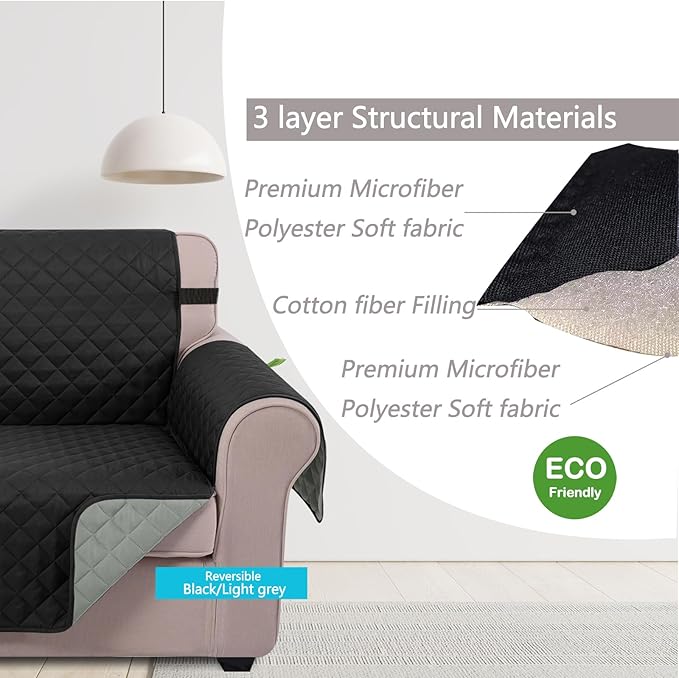 U-NICE HOME Reversible Sofa Cover Couch Cover for Dogs with Elastic Straps Water Resistant Furniture Protector for Pets Couch Cover for 3 Cushion Couch (Sofa, Black/Grey)