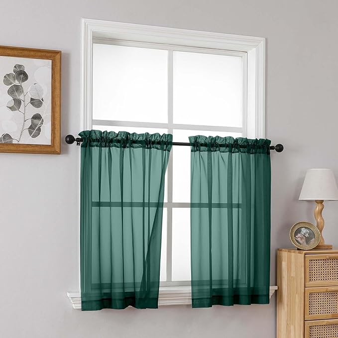 Green Sheer Curtains Tier 30 Inches Length 2 Panels, Light Filtering Lightweight Soft Window Drapes, Cute Elegant Cafe Curtains for Nursery, Dual Rod Pocket, Hunter Green, 2x42Wx30L Inches