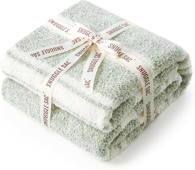 Snuggle Sac Heather Throw Blanket for Couch, Reversible Super Soft Blankets Warm Cozy Knit Fuzzy Plush Lightweight for Sofa, Bed, Camping, Picnic (Stripe Green, Throw(50"x 60"))