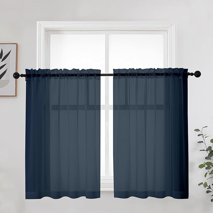 OWENIE Blue Sheer Curtains 36 Inches 2 Panels Set - Kitchen Tiers Valances Curtains Light Filter Rod Pocket Voile Cafe Curtains for Kitchen Bathroom Small Half Window, 42 in W x 36 in L, Navy