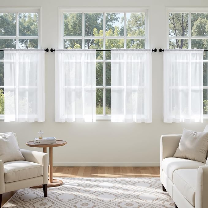 MIULEE Short Sheer Curtains 45 Inches Long, 4 Panels Set, Light Filtering Rod Pocket Curtains for Kitchen/Bathroom Small Windows, 42W x 45 Inches, White