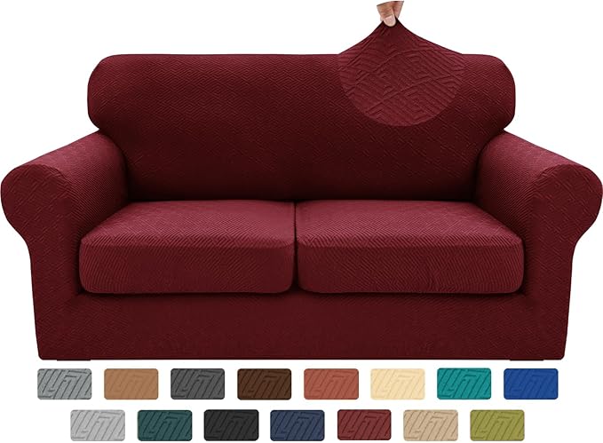 XINEAGE 2026 New 3 Pieces Couch Covers for 2 Cushion Sofa Super Stretch Loveseat Slipcover Pet Dog Universal Slip Cover Anti Slip Love Seat Furniture Protector (Wine Red, 55"-69")