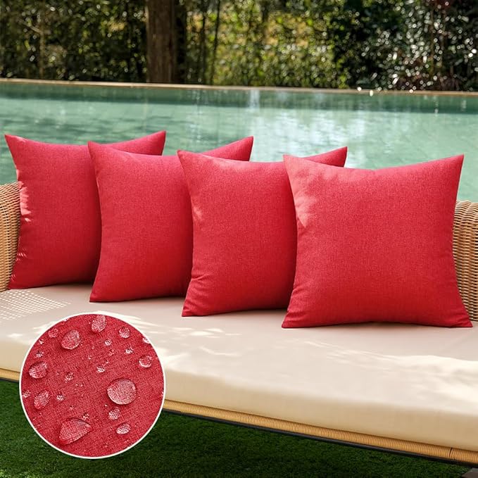 MIULEE Pack of 4 Decorative Solid Waterproof Throw Pillow Covers Linen Garden Farmhouse Cushion Cases for Outdoor Patio Tent Balcony Couch Sofa 16x16 inch Red