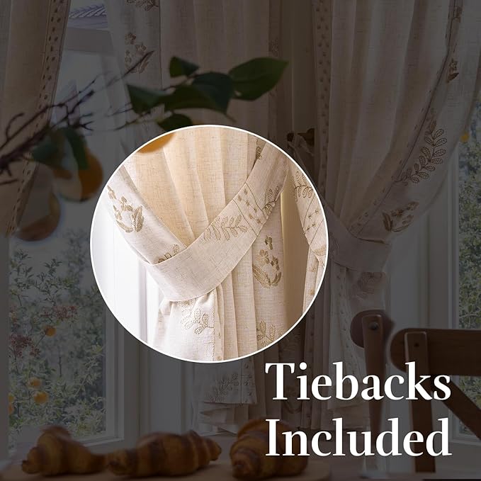 jinchan Belrose Linen Floral Cafe Curtains 45 Inch Length Embroidered Farmhouse Curtains for Kitchen Bedroom Bathroom Small Windows Curtain Set Light Filtering 2 Panels Beige