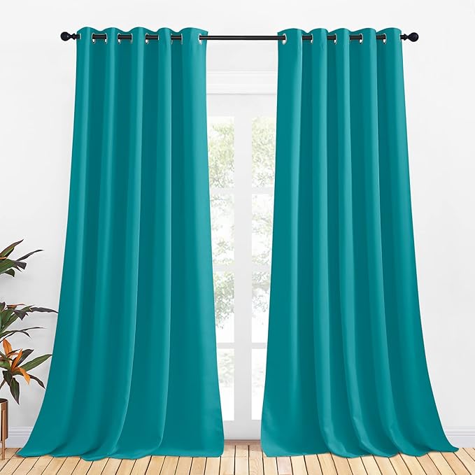 NICETOWN Bedroom Curtains Blackout Drapery Panels, 2 Panels, 70 x 108 inches, Peacock Teal, Three Pass Microfiber Thermal Insulated Solid Ring Top Blackout Window Curtains/Drapes