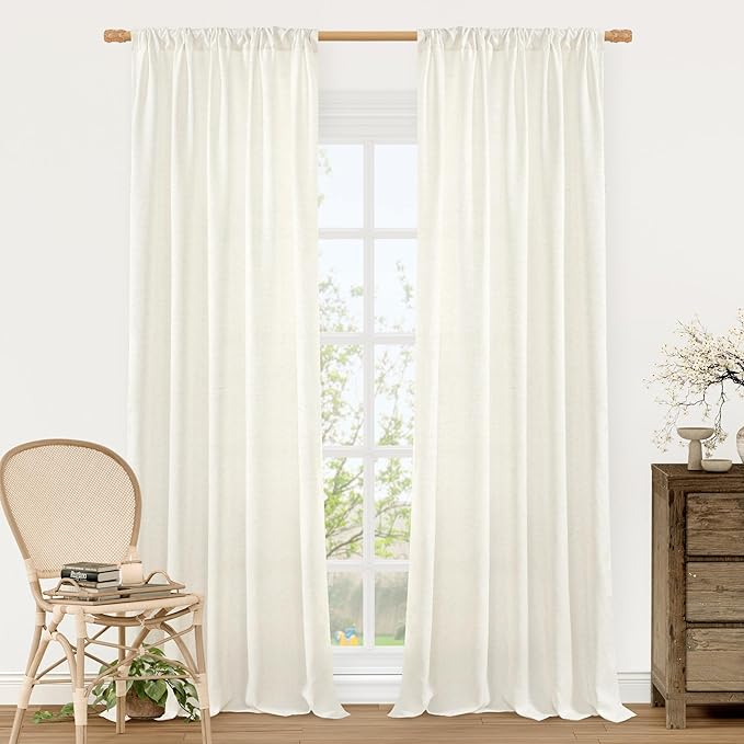 LAMIT Cream Linen Curtains for Living Room, 84 Inches Long 2 Panels Natural Light Filtering Soft Thick Bedroom Semi Sheer Privacy Drapes with Rod Pocket for Farmhouse/Sliding Door, 52 x 84 Inch