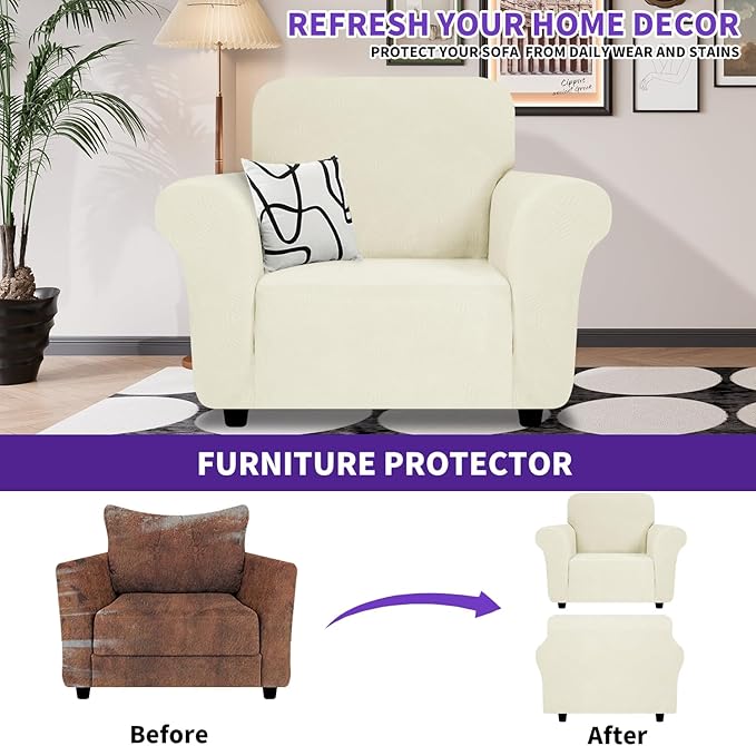ZNSAYOTX Super Stretch Chair Slipcover (30"-47"), New Striped Sofa Chair Covers for Living Room, Dogs Pet Friendly Anti-Slip Chair Protector Spandex Armchair Slipcovers (Beige, Chair)