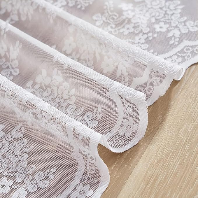 YJ YANJUN Vintage Lace Curtains 24 inch Length Victorian Floral Patterns Boho Cafe Half Curtains for Small Windows Basement Kitchen Bathroom 2 Panels 26" x 24" White