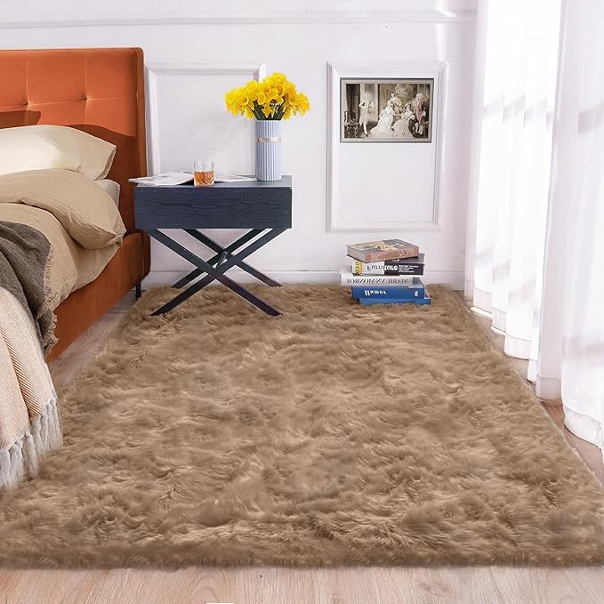 ORINOVA Beige 5x7 Area Rug Washable Shaggy Faux Sheepskin Fluffy Fur Rug for Bedroom Living Room Nursery Rug Teen Room Home Décor