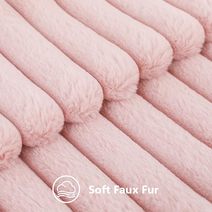 decorUhome Summer Cozy Faux Fur Throw Pillow Covers 12x20 Set of 2 Decorative Soft Plush Striped Lumbar Modern Farmhouse Boho Couch Pillow Cases with Velvet Back for Sofa Bed Living Room, Pink