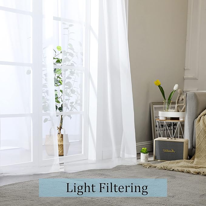 OWENIE White Sheer Curtains, 45 inches Long, 2 Panels, Rod Pocket, Light Filtering, Cafe Curtains for Kitchen, Bedroom, Small Window, 42W x 45L, 100% Polyester