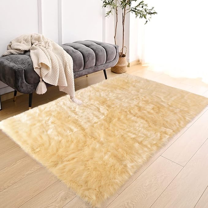 Latepis 3x4 Rugs Yellow Fur Rug Washable Faux Sheepskin Rug Shag Fluffy Rugs for Bedroom Cute Room Décor, Rectangle