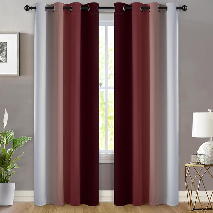 Yakamok Red and Greyish White Ombre Curtains, Room Darkening Gradient Color Curtains for Bedroom, Light Blocking Thermal Insulated Window Drapes for Living Room(2 Panels, 52x84 Inch)