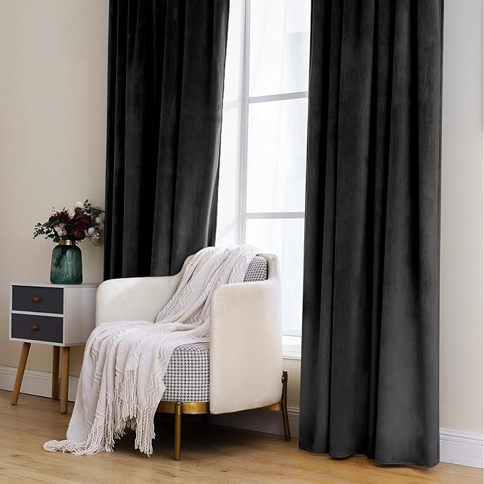 MIULEE Black Velvet Curtains 84 inches 2 Panels - Luxury Blackout Curtains for Bedroom Living Room Thermal Insulated Super Soft Window Drapes Rod Pocket & Back Tab, Halloween Decor, W52 x L84 inches