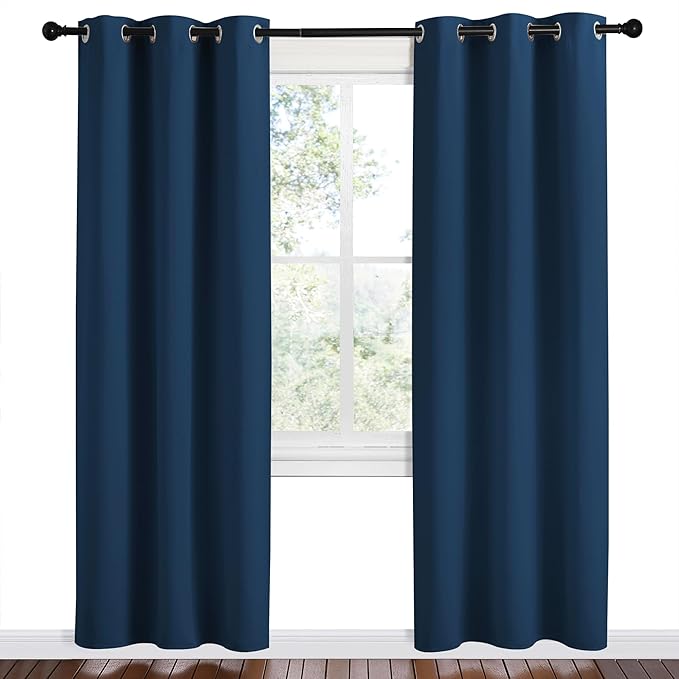 NICETOWN Moroccan Blue Room Darkening Curtains for Kitchen, Set of 2, 42 inches Wide by 78 inches Long, Window Treatment Thermal Insulated Solid Grommet Room Darkening Curtains/Drapes for Bedroom