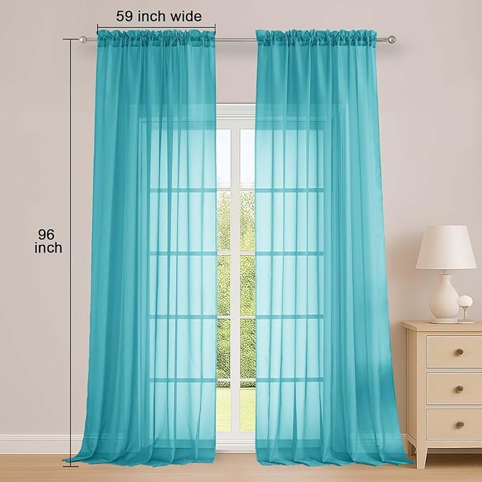 OWENIE Extra Long Turquoise Sheer Curtains 96 Inches Long 2 Panels Set, Soft Lightweight Airy Voile Sheer Curtain for Bedroom Living Room, Rod Pocket Solid Color Farmhouse Curtains, 59" Wx96 L Inch