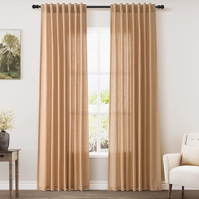 Nanspring Camel Linen Curtains 80 Inches Long for Bedroom Back Tab Light Filtering Privacy Semi Sheer Curtain Modern Farmhouse Decor Camel Linen Elegant Drapes for Living Room 2 Panels Set 52x80
