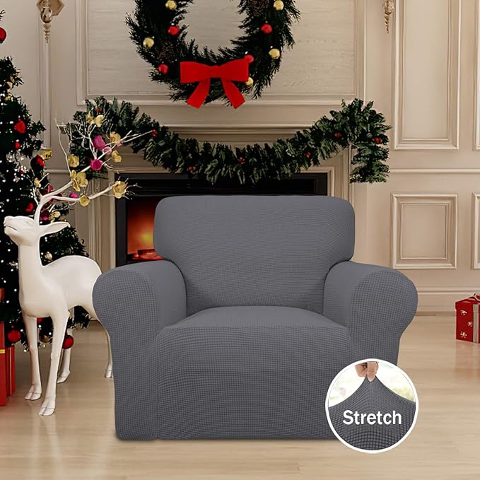 Easy-Going Stretch Chair Sofa Slipcover 1-Piece Couch Sofa Cover Furniture Protector Soft with Elastic Bottom for Kids, Pet. Spandex Jacquard Fabric Small Checks (Chair, Gray)