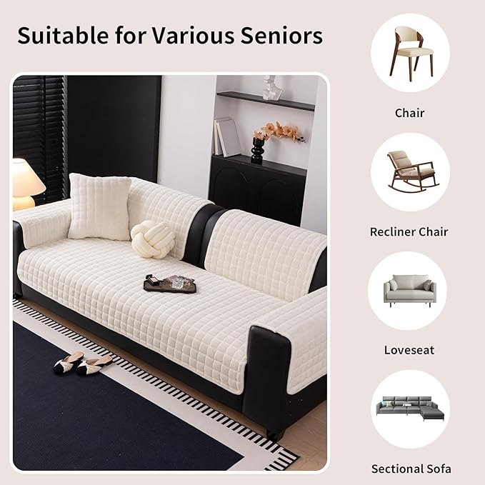 Velvet Couch Cover, Washable Sectional Sofa Cover, Anti Slip Sofa Slipcover for 3 Cushion Couch Sofa L Shaped Armrest Backrest, Furniture Protector Covers for Pets Kids(White, Only 1 PCS)