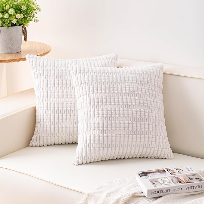 Pack of 2 Corduroy Decorative Throw Pillow Covers 18x18 InchSoft Boho Striped Pillow Covers Modern Farmhouse Home Decor for Sofa Living Room Couch Bed（White）