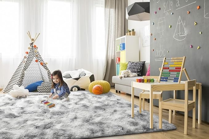TWINNIS Super Soft Shaggy Rugs Fluffy Carpets 5x7 Feet, Indoor Modern Plush Area Rugs for Living Room Bedroom Kids Room Nursery Home Decor, Upgrade Anti-Skid Fuzzy Rug, Grey and White