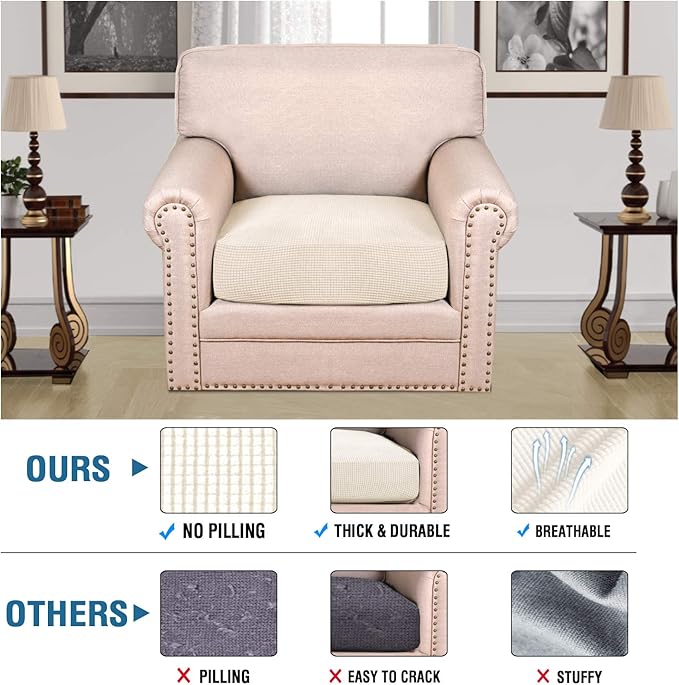 H.VERSAILTEX High Stretch Individual Seat Cushion Covers Sofa Slipcovers Couch Cushion Covers Sofa Covers Featuring Jacquard Textured Twill Fabric (1 Pack for 1 Cushion Chair, Natural, Small)
