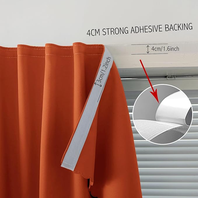 Self Adhesive Curtains Portable Blackout Curtain Simple and Easy to Install Bedroom Window Thermal Lnsulated Kitchen Room Darkening Black Small Drapes, 35" W X 79" L, Orange, 1 Panel