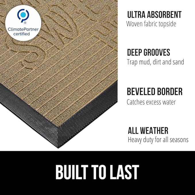 GORILLA GRIP 100% Waterproof All-Season WeatherMAX Doormat, US Designed Natural Rubber, Stain and Fade Resistant, Low Profile Indoor Outdoor Door Mats, Easy Clean Patio Mat, 29x17, Home Sweet Home