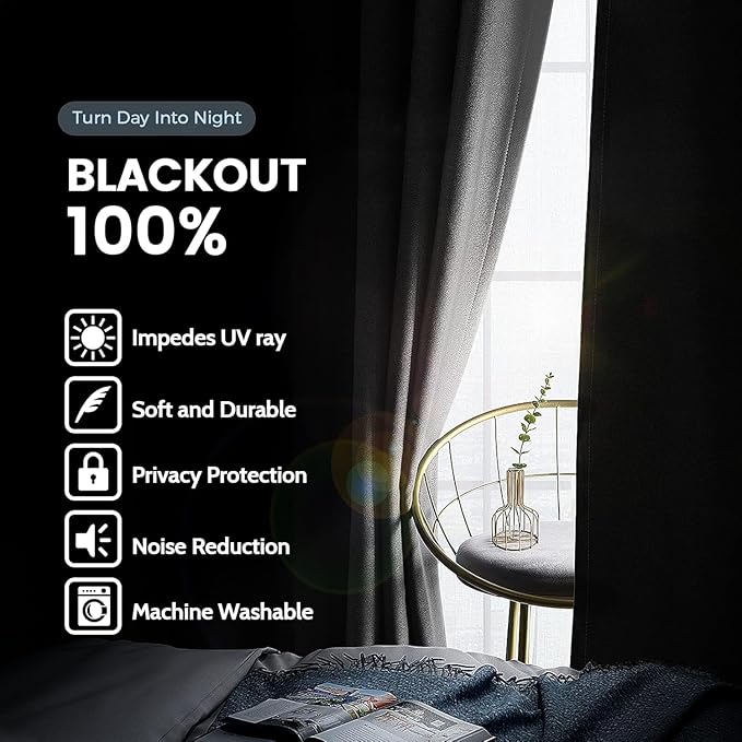 SimpleHome 100% Blackout Curtains for Bedroom,Thermal Insulated Grey Grommet Window Drapes Room Darkening Curtains for Living Room with Black Back,38 x 84 Inch,2 Panels