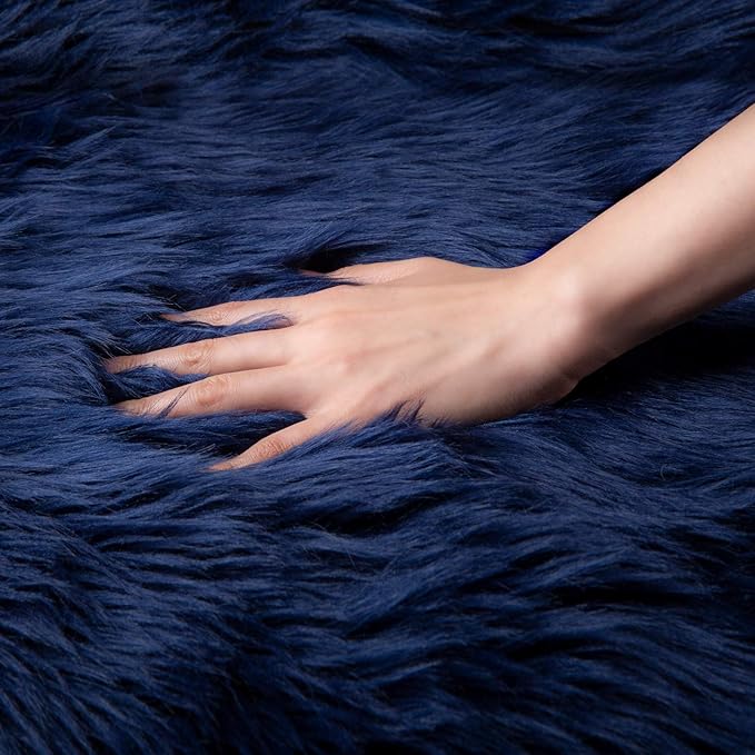 Ashler Faux Fur Rectangular Rug, Fluffy Shaggy 2 x 2.9 ft, Navy Blue, Ultra Soft, Machine Washable, Nursery to Living Room