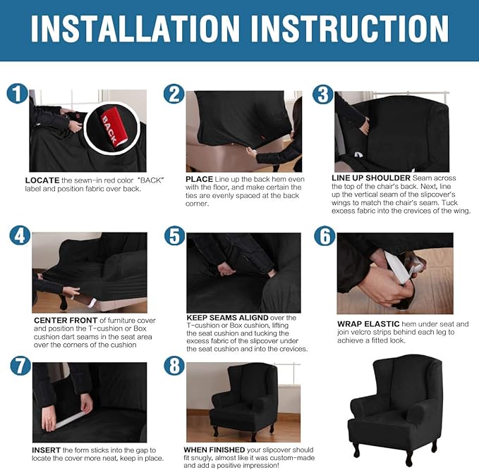 H.VERSAILTEX Wingback Chair Covers Velvet Plush Wing Chair Slipcover 1 Piece High Stretch Wing Back Chair Slipcovers Sofa Cover Furniture Cover with Elastic Bottom, Black