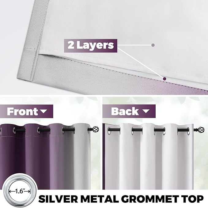 Yakamok 100% Blackout Curtains 84 Inch Length 2 Layers,Purple Curtains for Bedroom Ombre Room Darkening Grommet Gradient Drapes, Light Blocking Thermal Insulated Window Curtains for Living Room