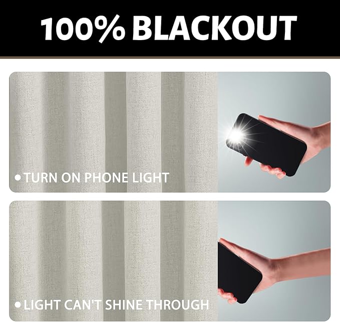 Yakamok Cream Linen Curtains 100% Blackout 90 Inches Long,Room Darkening Textured Curtains for Living Room Thermal Grommet Bedroom Curtain 2 Panels with Greyish White Liner