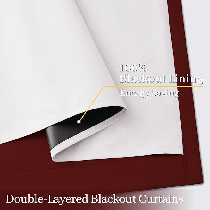 Yakamok 100% Blackout Curtain Panels 84 inches Cold and Light Blocking Drapes for Nursery, 2 Thick Layers Thermal Insulated Draperies (2 Pieces, 50 inch Width, Burgundy Red/White Backing)