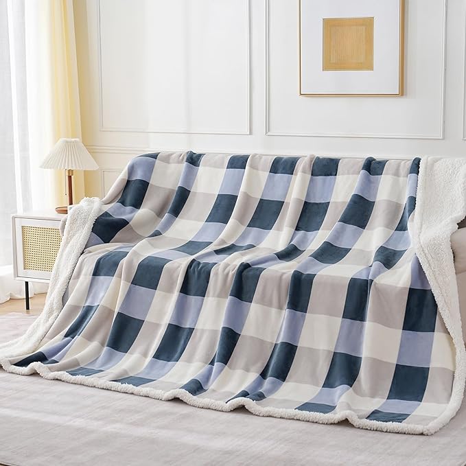 PU MEI Sherpa Throw Blanket Reversible Large Big King Size Flannel Blankets for Bed, 108"*90",Grey Blue