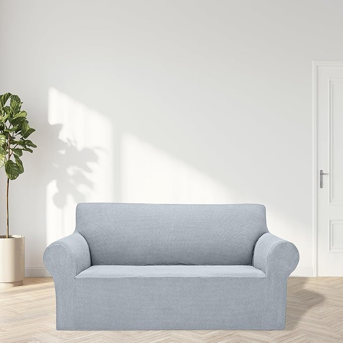 Cupuamon 2026 New Stretch Loveseat Sofa Slipcovers Couch Cover for 2 Cushion Furniture Protector Sofa Covers with Elastic Bottom Jacquard Fabric Small Checks for Pets, Kids - Silver