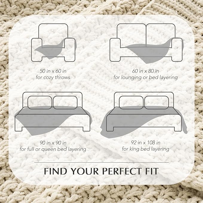 EVERGRACEHOME Chunky Chenille Knit Throw Blanket for Couch, Soft Luxurious Moss Stitch Blankets for Bed, Cozy Decorative Farmhouse Knitted Throws for Sofa, Beige, 50" x 60"