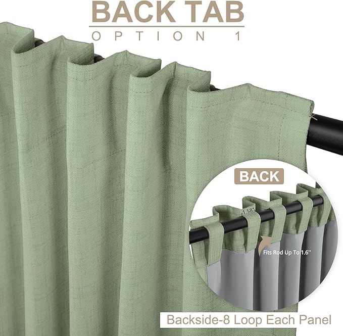 100% Blackout Shield Linen Blackout Curtains for Bedroom 90 Inches Long, Back Tab/Rod Pocket Living Room Drapes, Thermal Insulated Blackout Curtains 2 Panels Set, 50" W x 90" L, Sage